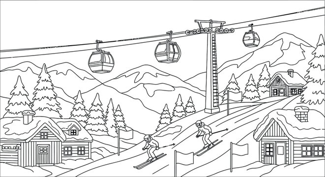 Winter mountain resort with cable car ski lift and snow covered houses surrounded by forest trees and skiers on slopes for educational coloring book art.