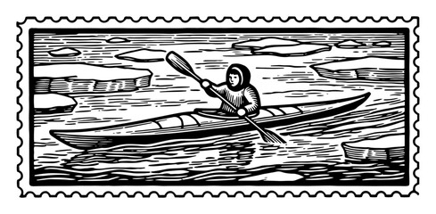 inuit in kayak on arctic sea vintage postage stamp illustration © Aisha Kudorova