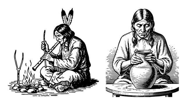 native american people making pottery and playing flute vintage illustration set
