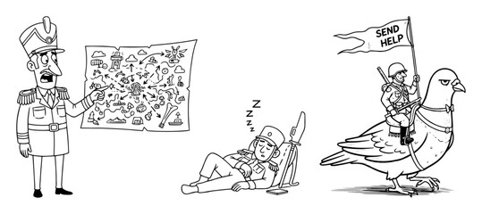 Fototapeta premium funny soldier scene collection with map nap and pigeon vector