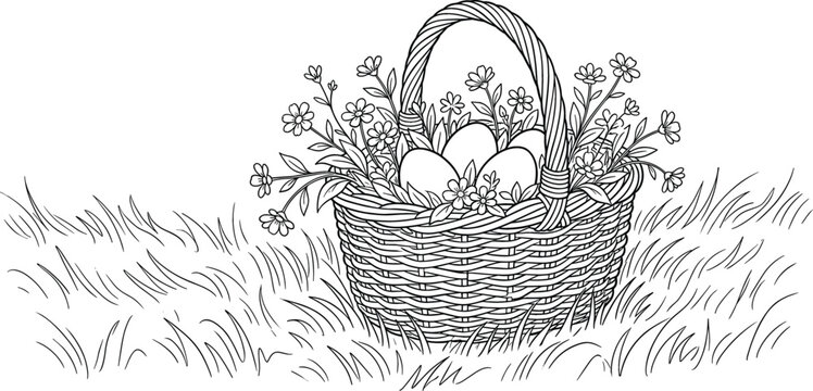 Easter basket with eggs and flowers on grass field line art black and white coloring page isolated on white background vector illustration