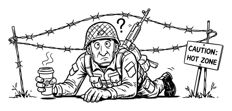cartoon soldier crawling with coffee cup under barbed wire vector