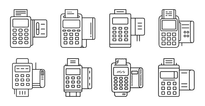 Flat design point of sale terminals collection - Set of clean flat icons showing various point of sale terminals and card readers in monochrome style.