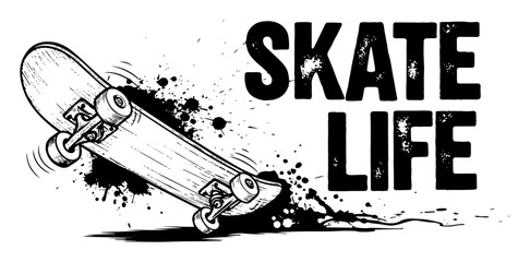 skateboard with grunge splatter skate life quote vector © Aisha Kudorova