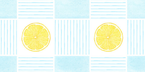 Lemon slices Amalfi coast background of Positano style. Citrus fruits watercolor seamless pattern with striped blue mosaic tile. Summer Italian print for fabric, bedding, kitchen textiles, tablecloth © Fedulova_art