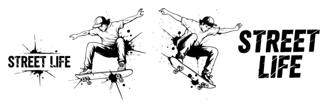 skateboarders doing tricks street life illustration set