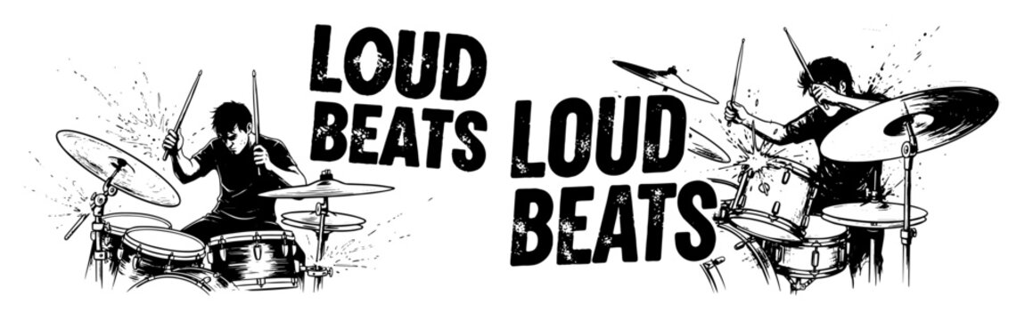 grunge drummer loud beats music typography black and white vector illustration