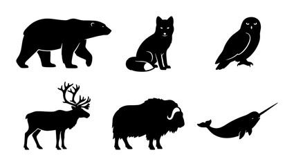 Arctic Wildlife Silhouettes: Polar Bear, Fox, Owl, Reindeer, Musk Ox, Narwhal Vector Set © Nadia