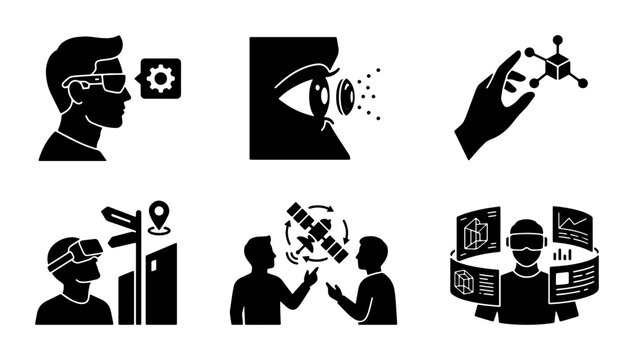 Virtual Reality Technology Icons, Augmented Reality Interface Graphics, Futuristic Digital Concepts, Metaverse Elements Set