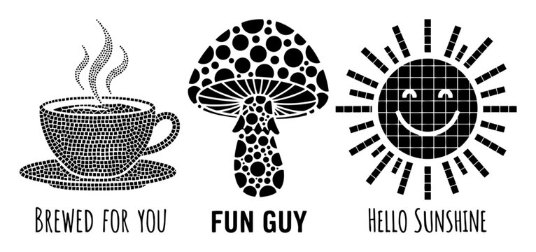 coffee mushroom and sun pun icon set black and white vector illustration