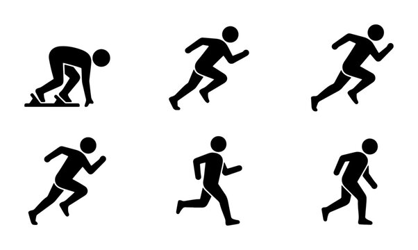 Running Man Icons Set, Sprinting Athlete Poses, Track and Field Figure Vector Collection, Sports Action Silhouettes
