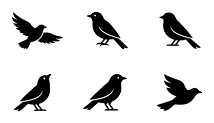Obraz premium Vector Bird Silhouettes Collection: Flying and Perching Avian Icons for Nature and Freedom Concepts