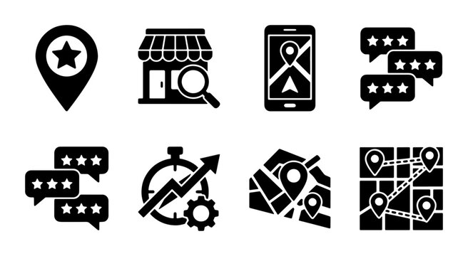 Local SEO Icons: Map Pins, Store Search, Navigation, Reviews, Performance. Vector Set for Business Marketing.