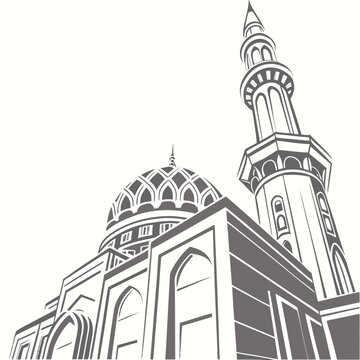 Gray mosque building with minaret and dome