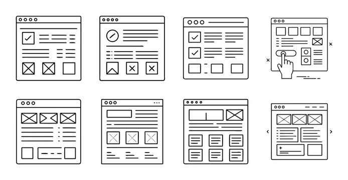 Ui wireframe collection of mobile and web app screens - Set of clean wireframe designs showing mobile app screens, web layouts, and user interface elements for development.