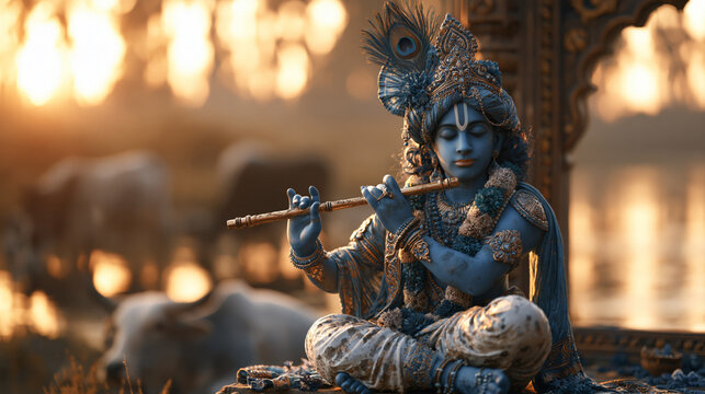 Meditating blue skinned deity Krishna sitting in lotus position on riverbank at sunset, holding flute with closed eyes, atmospheric warm backlight, blurred cows background