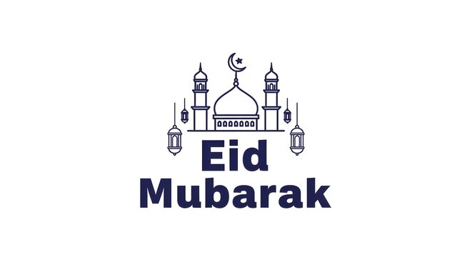 Eid mubarak greeting card with mosque and lanterns illustration