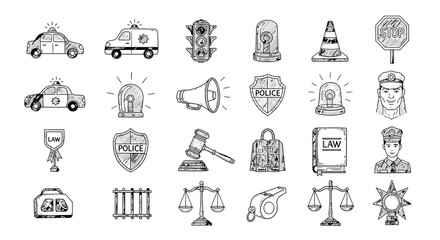 Collection of hand-drawn police and law enforcement symbols including police car, siren, badge, gavel, scales of justice, and traffic lights. © Ndjeo