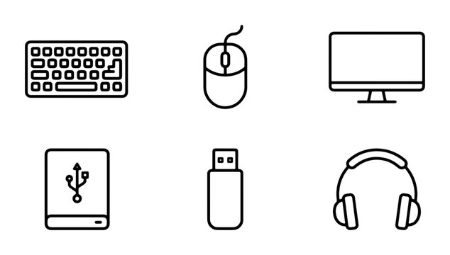 Modern Computer Peripherals Set: Keyboard, Mouse, Monitor, Hard Drive, USB Drive, Headphones Icons