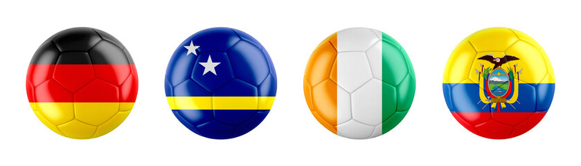 Fototapeta premium World Cup 2026 GROUP E teams ball flags. 3d illustration.