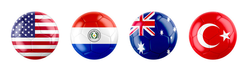 Fototapeta premium World Cup 2026 GROUP D teams ball flags. 3d illustration.