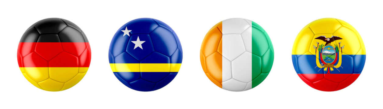 World Cup 2026 GROUP E teams ball flags. 3d illustration.