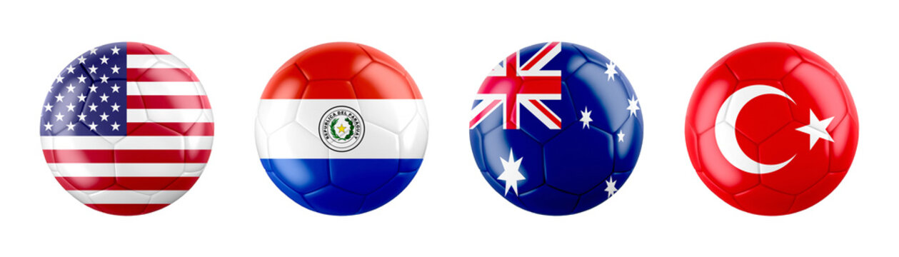 World Cup 2026 GROUP D teams ball flags. 3d illustration.