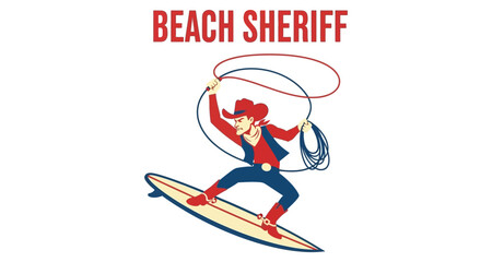 Fototapeta premium Cowgirl Surfing With Lasso Against Beach Scene Vector Silhouette
