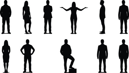 Black silhouettes of diverse people standing in casual and professional postures, expressive stances, and lifestyle poses highlighting human body language © Rokon