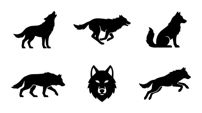 Wolf Silhouettes Vector Pack: Howling, Running, Sitting, Walking, and Head Icons for Wildlife Graphics