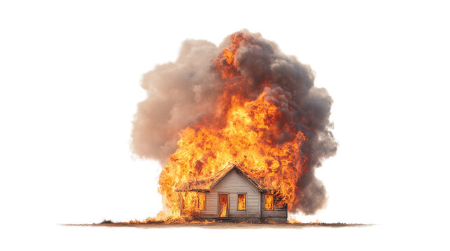 A house is engulfed in flames with smoke rising rapidly isolated on transparent background