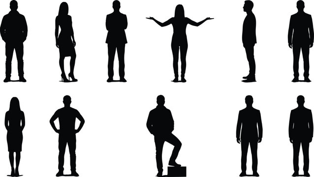 Black silhouettes of diverse people standing in casual and professional postures, expressive stances, and lifestyle poses highlighting human body language