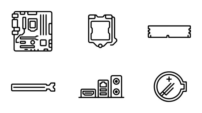 Computer Hardware Icons Set: Motherboard, RAM, CPU, SSD, Ports, Battery