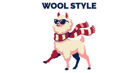 Fototapeta premium Llama in Sunglasses and Scarf Dancing During Winter Season Vector Silhouette