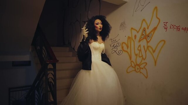 Rebellious transgender woman in a wedding dress and leather jacket smoking on a graffiti covered staircase