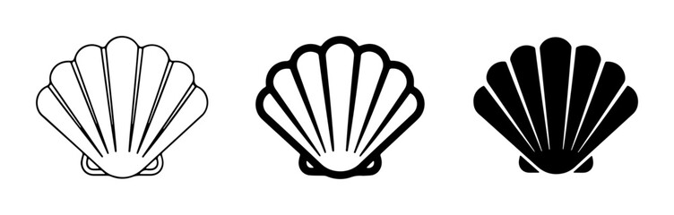 Scallop Shell Icons, Vector Graphics Set: Outline, Line Art, Silhouette, Marine Life, Ocean Beach Elements © Lima