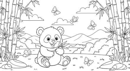 Cute baby panda coloring page for kids featuring bamboo trees mountains and butterflies in nature landscape scene with adorable animal character in forest. © Ndjeo