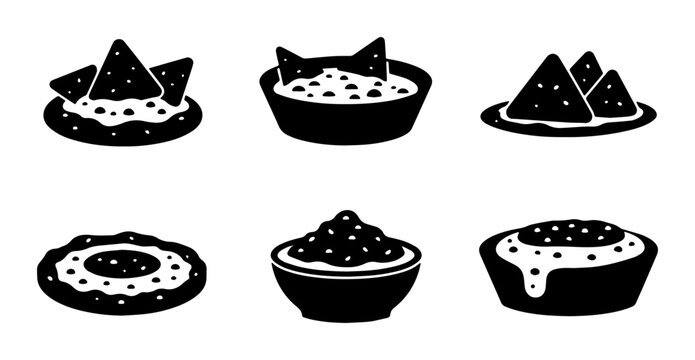 Mexican Nachos and Guacamole Icons, Cinco de Mayo Food Vector Set, Party Snack Graphics