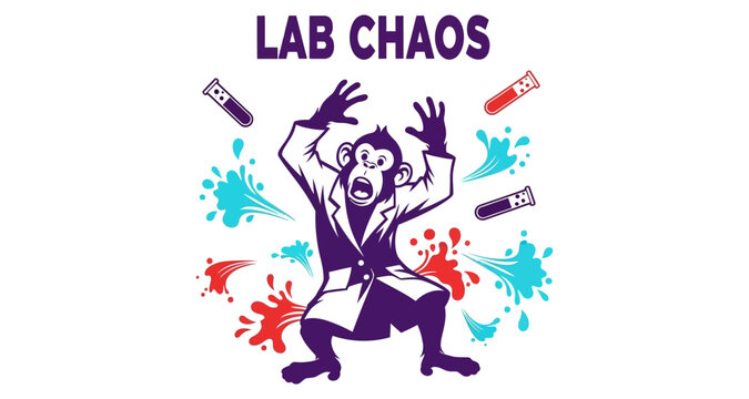 Monkey scientist in lab coat panicked amidst exploding beakers and splashing liquids vector silhouette