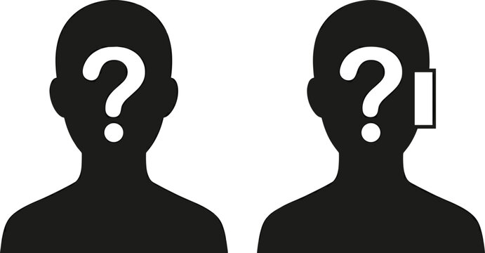 Black silhouettes of human head profiles with question marks, symbolizing inquiry, communication, identity, and abstract concepts in minimalist design