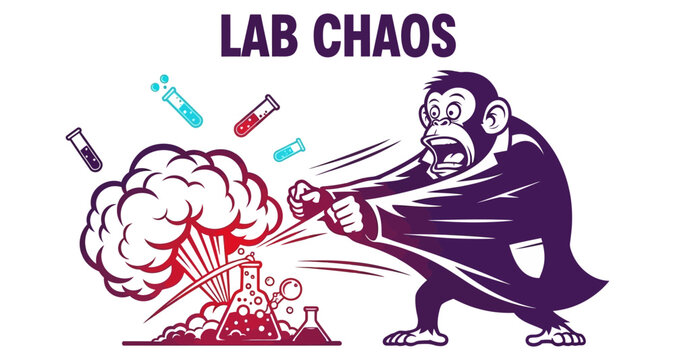 Monkey scientist causing explosion in laboratory with glassware and smoke during experiment vector silhouette