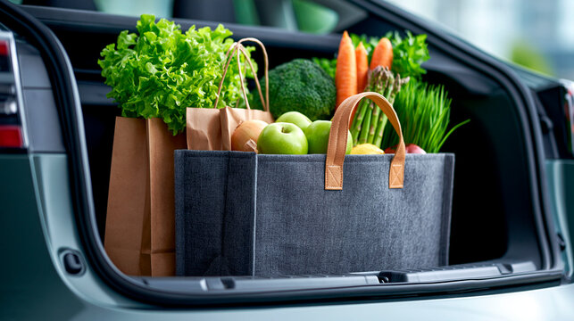 Fresh groceries and vegetables packed in car trunk after shopping for healthy sustainable lifestyle