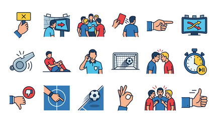 Fototapeta premium Flat vector icon set illustrating soccer football referee signals, match officiating, VAR technology, red card, whistle, goal-line technology, player injuries, and game rules on white background.