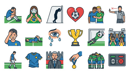 Fototapeta premium Comprehensive vector icon set illustrating football defeat and sadness, including crying players, disappointed fans, broken trophy, losing scoreboard, and consolation moments.