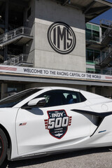 Obraz premium Logo of the Indianapolis 500 on an official car in front of the media center at Indianapolis Motor Speedway.