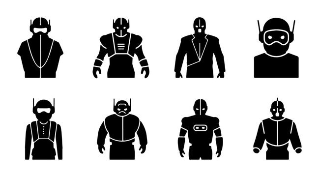 Sci-Fi Robot Icons, Futuristic Android Characters, Cyborg Figures, Futuristic Humanoid Silhouettes, Vector Set