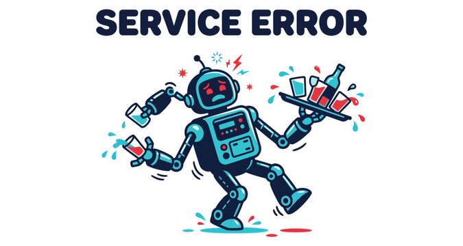 Robotic server with spilling drinks during a service malfunction in flat design vector silhouette
