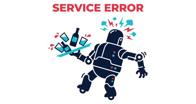 Robot service error with spilled drinks during a malfunction with lightning bolts vector silhouette