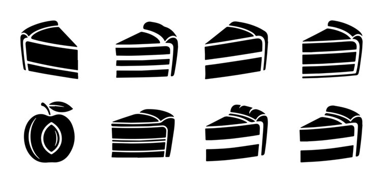 Black Silhouette Cake Slices and Plum Icon Set, Dessert and Fruit Vector Graphics for Culinary Themes