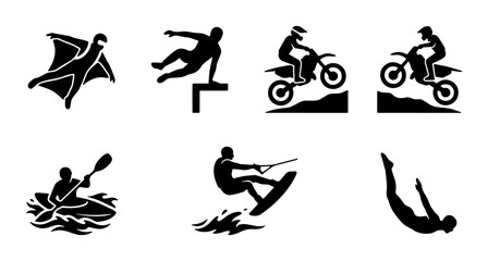 Extreme Sports Icons Set: Wingsuit, Parkour, Motocross, Kayaking, Wakeboarding, Diving Silhouettes © Mahfuz